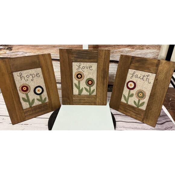 3  Framed Prints Faith Hope Love Rustic Felt Appliqué 9”x11” Home Decor - Picture 1 of 14